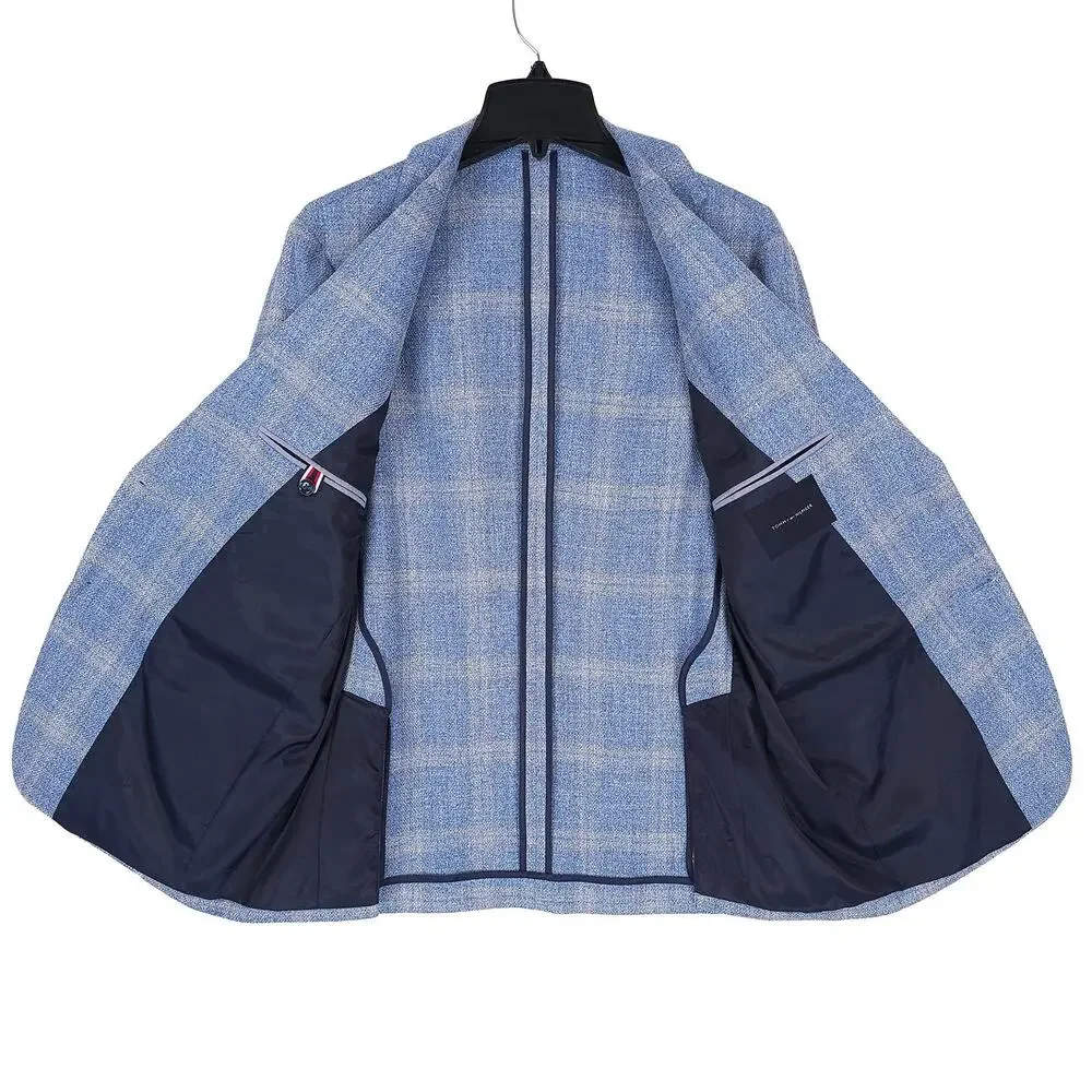 Tommy Hilfiger Mens Modern Fit Sport Coat 40S Light Blue Plaid Basketweave NWT